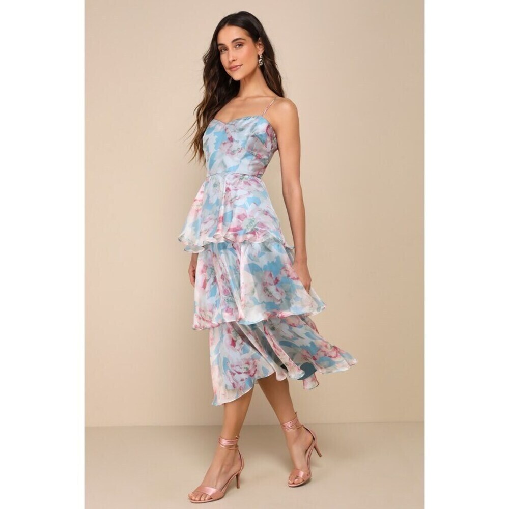 Lulus Darling Aesthetic Light Blue Floral Print Tiered Midi Dress - Size XL